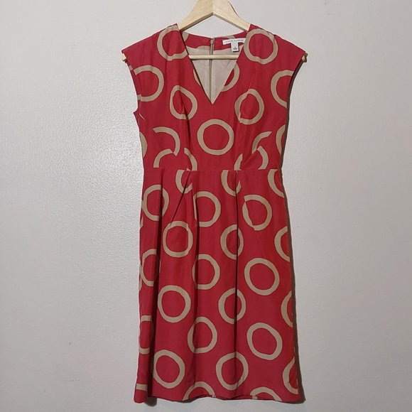 Silk-Blend Retro Style Red w Tan Circles Dress Banana Republic - Size 0 Women - Picture 1 of 8
